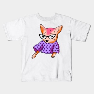 funny orange chihuahua wearing cat eye glasses and a purple shirt cute gift Kids T-Shirt